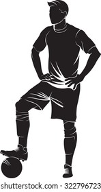Football (soccer) player with ball, isolated on white. Vector silhouette