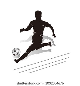 Football, Soccer player with ball running fast, silhouette on white background, vector
