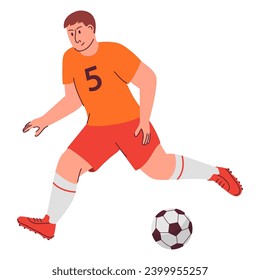 Football soccer player cartoon. Man kicking ball.Kick the ball soccer.Player quick shooting a ball.Isolated on white background.Character vector illustration.
