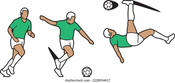 Football soccer player dribble shooting goal kicking reverse bicycle kick line art illustration