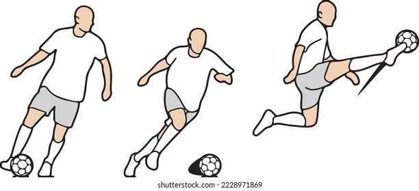 Football soccer player dribble shooting goal kicking line art illustration