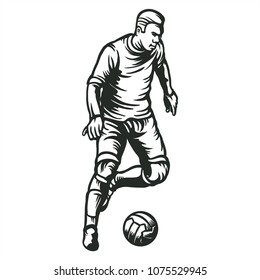 football soccer player dribbling skill with ball hand drawing line art with no color