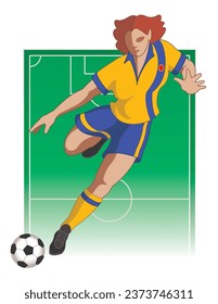 football soccer player female kicking soccer ball with field in background