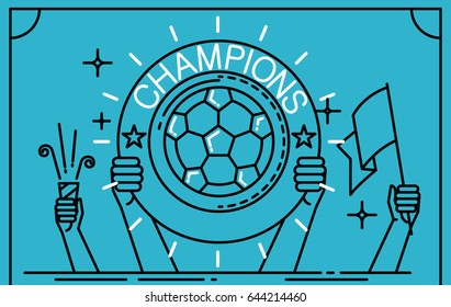 Football Soccer Player holding up a trophy as a winner in a competition. modern line design. vector illustration.