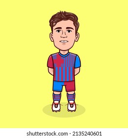 Football, Soccer Player Illustration, Sport man isolated on Yellow Background, Blue and Red, Cute Cartoon