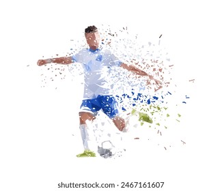 Football, soccer player, isolated low poly vector illustration with dispersion effect