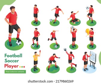 Futbolista de fútbol ilustración isométrica colección de pose