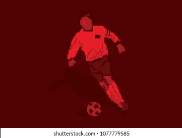 Football Soccer Player Kicking a Ball in Pixel Vector Illustration with Red Background