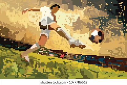 Football Soccer Player Kicking a Ball in Pixel Vector Illustration with Colorful Background