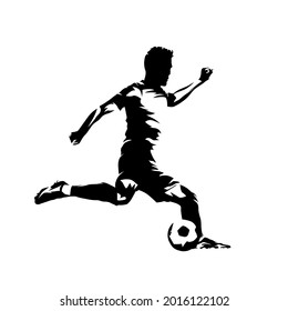 Football, soccer player kicking ball, side view. Isolated vector silhouette