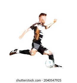 Football, soccer player kicking ball, low polygonal vector illustration. Side view. Geometric isolated silhouette