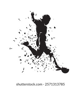 Football, soccer player kicking ball, isolated vector silhouette with dispersion effect. Footballer. Team sports