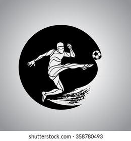 Football or Soccer player kicks the ball. The colorful vector logo sticker on black background.