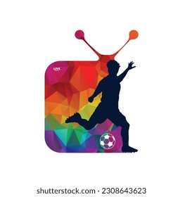 Football soccer player man in action inside a TV shape white background. Vector illustration