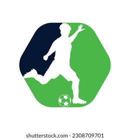 Football soccer player man in action inside a hexagon shape white background. Vector illustration