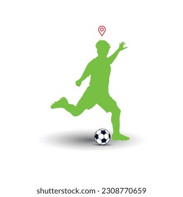 Football soccer player man in action with location pinpoint. White background vector illustration