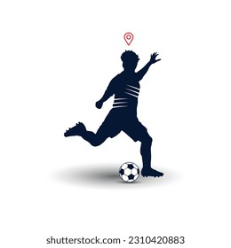 Football soccer player man in action with location pinpoint. White background vector illustration