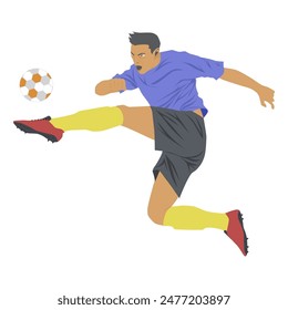 football soccer player man shooting, kick the ball isolated white background. Vector illustration