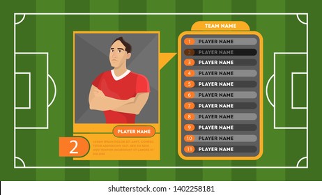 Football or soccer player profile card. Green field on the background. Professional player information. Vector illustration in cartoon style