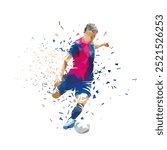 Football, soccer player running with ball, low poly isolated vector illustration, side view