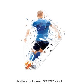 Football. Soccer player running with ball, isolated vector low polygonal illustration. Geometric drawing from triangles. Team sport athlete