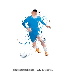 Football. Soccer player running with ball, isolated vector low polygonal illustration. Geometric drawing from triangles. Team sport athlete