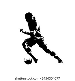 Fußball, Fußballspieler, der mit Ball läuft, isolierte Vektorgrafik Silhouette, Seitenansicht