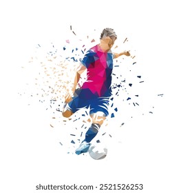 Football, soccer player running with ball, low poly isolated vector illustration, side view