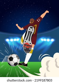 Football Soccer Player Shooting and Kicking Ball. Football soccer player man on the football pitch or football ground. Vector illustration