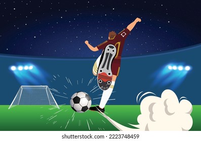 Football Soccer Player Shooting and Kicking Ball. Football soccer player man on the football pitch or football ground. Vector illustration.