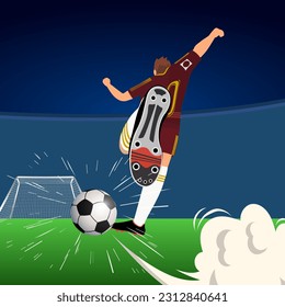 Football Soccer Player Shooting and Kicking Ball. Football soccer player man on the football pitch or football ground. Vector illustration