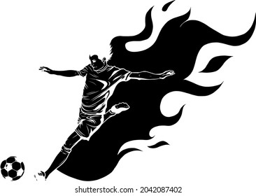 football soccer player silhouette with ball and flames