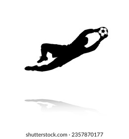 Football Soccer player silhouette with ball. Goalkeeper. High quality isolated Logo. Sport player shooting on white background. Vector illustration