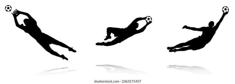 Football Soccer player silhouette with ball. Goalkeepers Set. Sport player shooting on white background. High quality isolated Logo. Vector illustGation