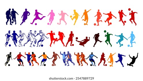 Football, soccer player silhouettes vector illustration element. Sport, ball, game shadow athlete collection.