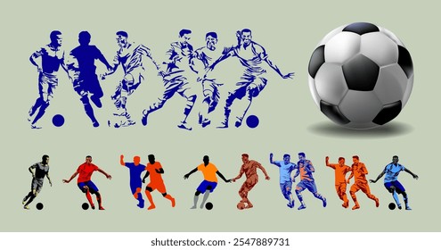 Football, soccer player silhouettes vector illustration element. Sport, ball, game shadow athlete collection.