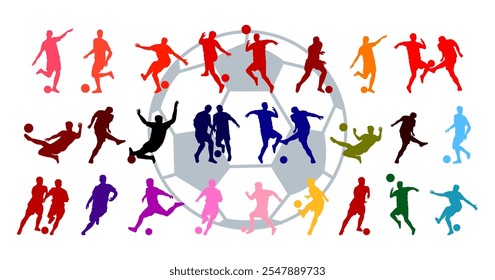 Football, soccer player silhouettes vector illustration element. Sport, ball, game shadow athlete collection.