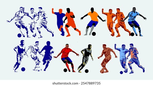 Football, soccer player silhouettes vector illustration element. Sport, ball, game shadow athlete collection.