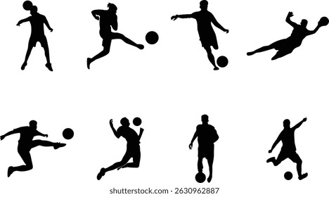 Football And Soccer player silhouettes vector, Football action poses vector silhouettes	
