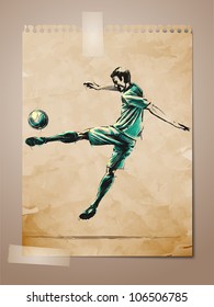 Football, Soccer Player Sketch on Aged Note Paper | EPS10 Vector Background | Layers Organized and Named