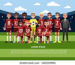 Football or soccer player team standing in sport uniform. Team on the green field in stadium. Championship concept. Group of sportsman. Vector illustration in cartoon style