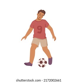 Football or soccer player in uniform dribbles or passes ball in team game. Teen sportsman is training before competition in flat vector illustration. Cartoon guy kicks football ball, scores goal