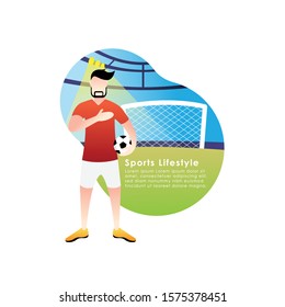 Football or soccer player vector illustration. Football player standing with ball Simple Flat vector illustration template Graphic Design. Football Sport Lifestyle design isolated on white background.