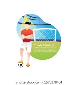 Football or soccer player vector illustration. Football player standing with ball Simple Flat vector illustration template Graphic Design. Football Sport Lifestyle design isolated on white background.