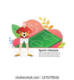 Football or soccer player vector illustration. Abstract Football player with ball Simple Flat vector illustration template Graphic Design. Football Sport Lifestyle design isolated on white background.