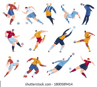 Juego de ilustraciones vectoriales de futbolistas de fútbol. Futbolistas de un hombre plano de caricatura, colección de personajes deportivos con atletas que saltan alto, patean pelota, juegan acciones deportivas aisladas en blanco