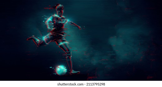 football soccer player woman in action isolated blue background. Vector illustration