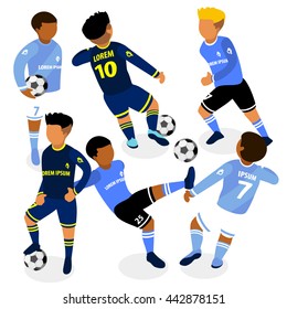 Football soccer players in action flat isometric 3d illustration.