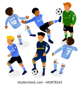 Football soccer players in action flat isometric 3d illustration.