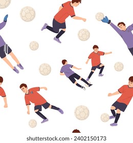 Football or soccer players, athlete team seamless pattern. Colorful flat style football game male players print illustration. Includes foot ball kick pose, goalkeeper catch background. Vector